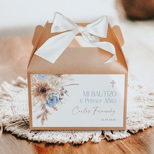 Bohemian blue baptism and 1st birthday gable box label in spanish template, elegant etiqueta bautizo y primer añito niño en español -C033