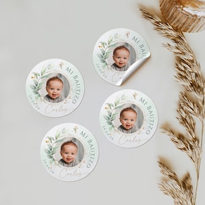 Personalised gender neutral christening  baptism stickers with photo in spanish, verde dorado bautizo pegatina en español printable - C009p