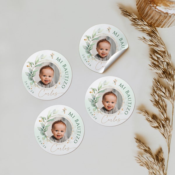 Personalised gender neutral christening  baptism stickers with photo in spanish, verde dorado bautizo pegatina en español printable - C009p