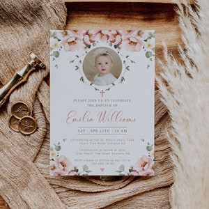 Christening baby girl invitation card with photo printable, blush pink flowers baptism invite, bohemian first holy communion invite - C179