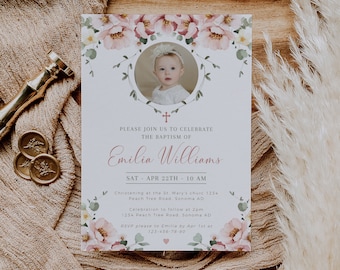Christening baby girl invitation card with photo printable, blush pink flowers baptism invite, bohemian first holy communion invite - C179
