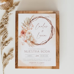 Wedding spanish invitation, plantilla de invitaciones para boda con flores en español, blush bouquet tropical flowers boho invitation - C280