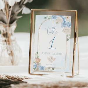 Table card with blue white flowers and angel for baptism party printable, gold blue floral arch boho decor baptism boy table number - C170