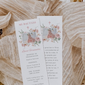 Blush pink floral boho baptism girl prayer card template in spanish with photo, tarjeta de oraciones florales bautizo niña en español - C177
