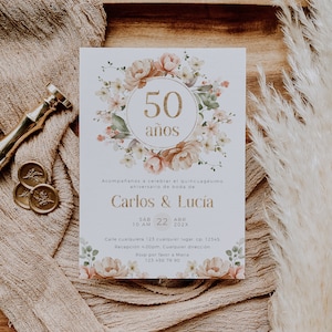 Editable golden wedding anniversary invitation, invitación 50 aniversario de bodas digital español, bohemian dusty pink flowers invite -C200