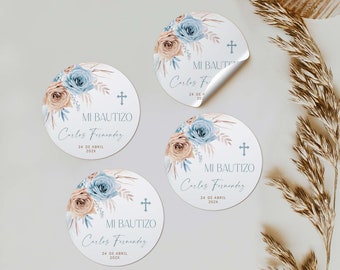 Dusty blue floral baptism thank you sticker in spanish, bautizo flores etiquetas editables en español, religious personalized stickers -C015