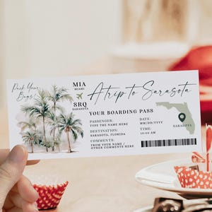 A trip to Sarasota gift ticket boarding pass template, trip ticket to Florida, airline surprise ticket with tropical palms, vacation ticket