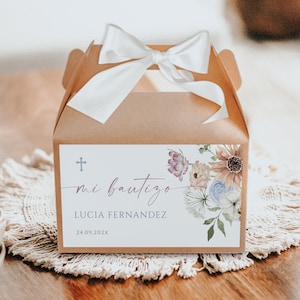 Colorfur wildflowers baptism boy girl boho gift box label spanish template, etiqueta caja de regalo para bautismo con flores en español -C34