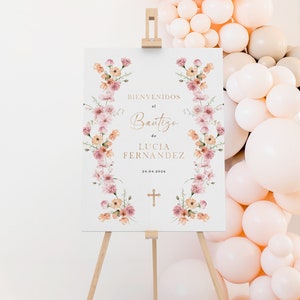 Pink orange wildflowers and gold lettering welcome poster printable, cartel de bienvenida española bautizo para niña con flores rosas - C289