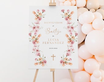 Pink orange wildflowers and gold lettering welcome poster printable, cartel de bienvenida española bautizo para niña con flores rosas - C289