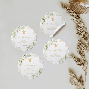 Mi bautizo stickers green and gold decorations editable in spanish, spanish christening baptism labels, neutral spanish baptism sticker-C001