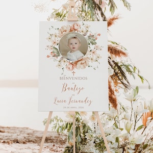 Peach floral baptism girl welcome sign with photo editable, cartel bienvenida bautizo con foto niña en español, bohemian welcome board -C157
