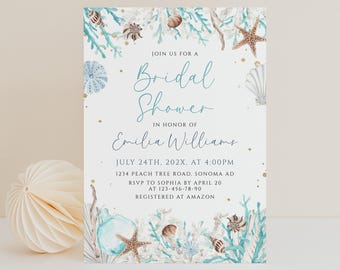 Blue ocean theme bridal shower invitation editable, tropical beach wedding shower invite, coral & sea shells bridal shower boho invite -C487