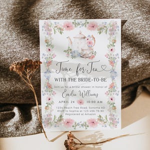May include: Bridal shower invitation with floral border and teapot illustration. Text reads "Time for Tea" and details for Emilia Williams' shower on April 24th. Includes RSVP information.