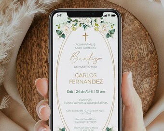 Dop digital elektronisk inbjudan redigerbar, vita blommor inbjudan på spanska, invitación de bautizo phone niño o nina en españo -C014