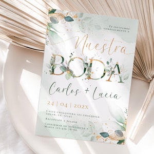Invitación de boda hojas eucalipto dorado verde en español, sage gold wedding invitation template, boho eucalyptus wedding invitation - C254