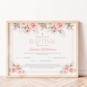 Dedication certificate  baptism template, blush pink floral baptism gift, girl baby child christening dedication, church certificate - C167