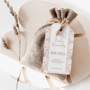 Soft pink leaves thank you tag template spanish, bohemian religious favor tags dekor, etiqueta de agradecimiento de bautizo en español - C23