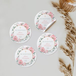 Mi bautizo niña pegatina con flores en español, bautizo pink spanish stickers decorations, spanish christening baptism labels editable -C003