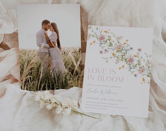 May include: Bridal shower invitation with the text "Love is in Bloom" and a photo of a couple. The invitation features floral accents and the date, April 24th, 202X. A photo of a couple kissing is also included.
