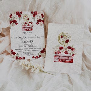Golden globe & vintage suitcase couples shower invitation editable, ruby flowers on the world map travel theme couples shower invite - C489