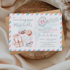 Traveling from Miss to Mrs bridal shower invite, wedding party invite form pink blue postcard, backpack world map showering invite - C266