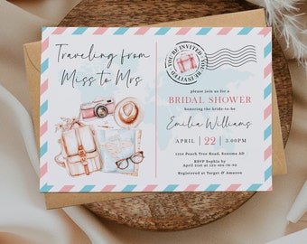 Traveling from Miss to Mrs bridal shower invite, wedding party invite form pink blue postcard, backpack world map showering invite - C266