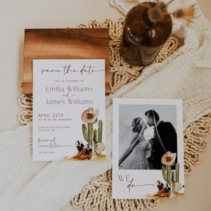 Western wedding save the date invitation template with photo, desert wedding date announcement, cowboy hat and boots wedding invite -C229