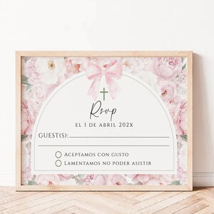 Editable girls christening RSVP card boho in spanish, tarjeta rsvp bautizo en español, arch pink peonies & bow baptism invite insert - C441g