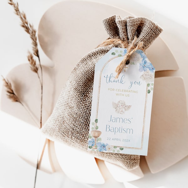 Arch blue white flowers christening favor tags, thank you tags printable, angel cross baptism favor tag, boho personalized gift tags - C170