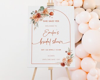 Minimalist bridal shower welcome sign printable, boho autumn floral welcome poster, terracotta  flowers bridal shower welcome board - C147