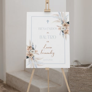 Bohemian blue-beige flowers and pampas grass baptism for boy welcome sign in spanish, cartel de bienvenida bautizo niño para imprimir - C31