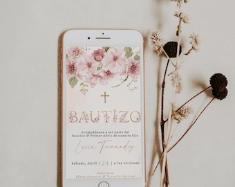 Digital spansk inbjudan till dop, elektronisk dopinbjudan till spanska, inbjudan till flicka med rosa blommor, spansk dopinbjudan till smartphone - C281