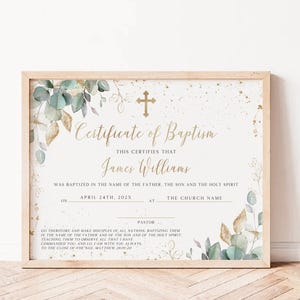 Green gold eucalyptus Certificate of Baptism boy/girl template, child dedication certificate, greenery religious gift certificate - C498