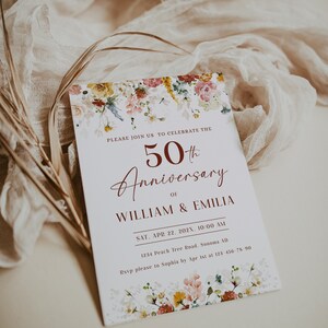 May include: A white invitation card with a floral border. The text reads "Please join us to celebrate the 50th Anniversary of William & Emilia. Sat. Apr 22. 202X, 10:00 AM 1234 Peach Tree Road. Sonoma AD Rsvp please to Sophia by Apr 1st at 123-456-78-90"