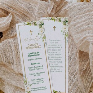Green gold boy/girl christening prayer card editable, white floral prayer card in spanish, bautizo tarjeta con una oración en español - C19