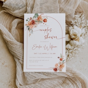 Boho autumn floral bouquets couples shower invite, rust orange floral couples shower invitation editable, fall bridal party invite - C147