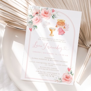 Pink floral & angel baptism girl invite in spanish, invitación de bautizo imprimible para niña en español, boho pink flovers invite - C152