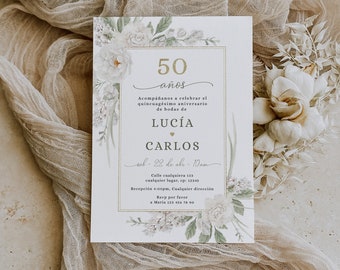 50 aniversario de bodas invitación, white rose anniversary party invitation printable, spanish boho golden wedding anniversary invite -C208