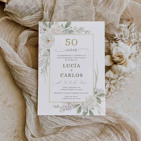50 aniversario de bodas invitación, white rose anniversary party invitation printable, spanish boho golden wedding anniversary invite -C208
