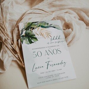 Invitación sorpresa de 50 años español, emerald green gold tropical birthday surprise invitation, all ages adult invitation printable - C212