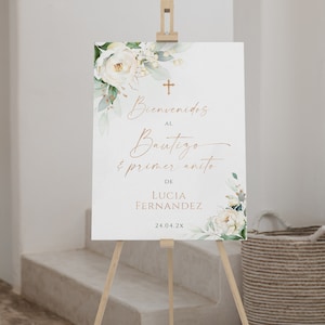 Green gold baptism & 1st birthday girl welcome sign spanish editable, flores blancas cartel bienvenida bautizo y primer añito español - C10