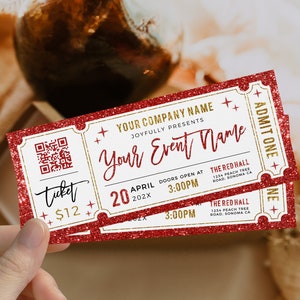 Surprise event ticket printable, birthday concert ticket surprise, gold red glitter gift certificate for events, personalized party ticket
