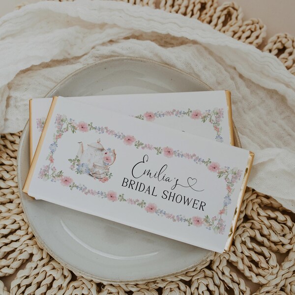 Tea Party Bridal Shower Chocolate Bar Wrapper Labels: Rustic Style, Pink Blue Wildflowers (Digital Template)-C454