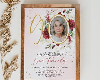 Boho Burgundy Flowers Adult 90th Birthday Party Invitation with Photo Spanish Template, Invitación 90años Español -C508