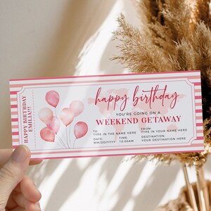 Bright pink weekend getaway ticket template for her, balloons & world map bday gift certificate, surprise weekend gifts, trip travel voucher
