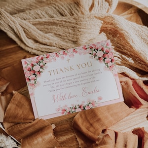 Сhristening girl thank you card printable, baptism thank you note with photo baby, boho christening party dekor with pink garden roses -C172