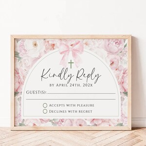 Editable girls christening RSVP card, boho arch blush pink peonies and bow baptism invite insert, pink floral  baptism response card - C441g