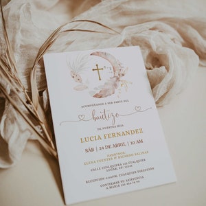 Pampas grass invitacione bautizo en español, spanish boho baptism invitation boy or girl editable, beige feathers bautizo invite decor -C021