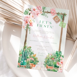 Let's Fiesta mexican theme wedding party invitation template, bright pink green floral wedding invite, modern wedding invite card - C339